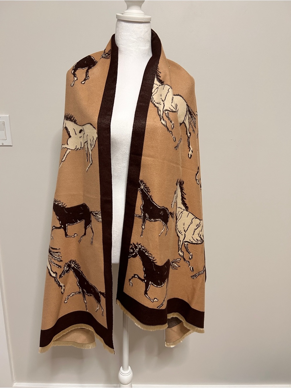 Equestrian Horse Print Camel Brown Wrap Scarf Shrug Shawl Soft 56cm x 180cm